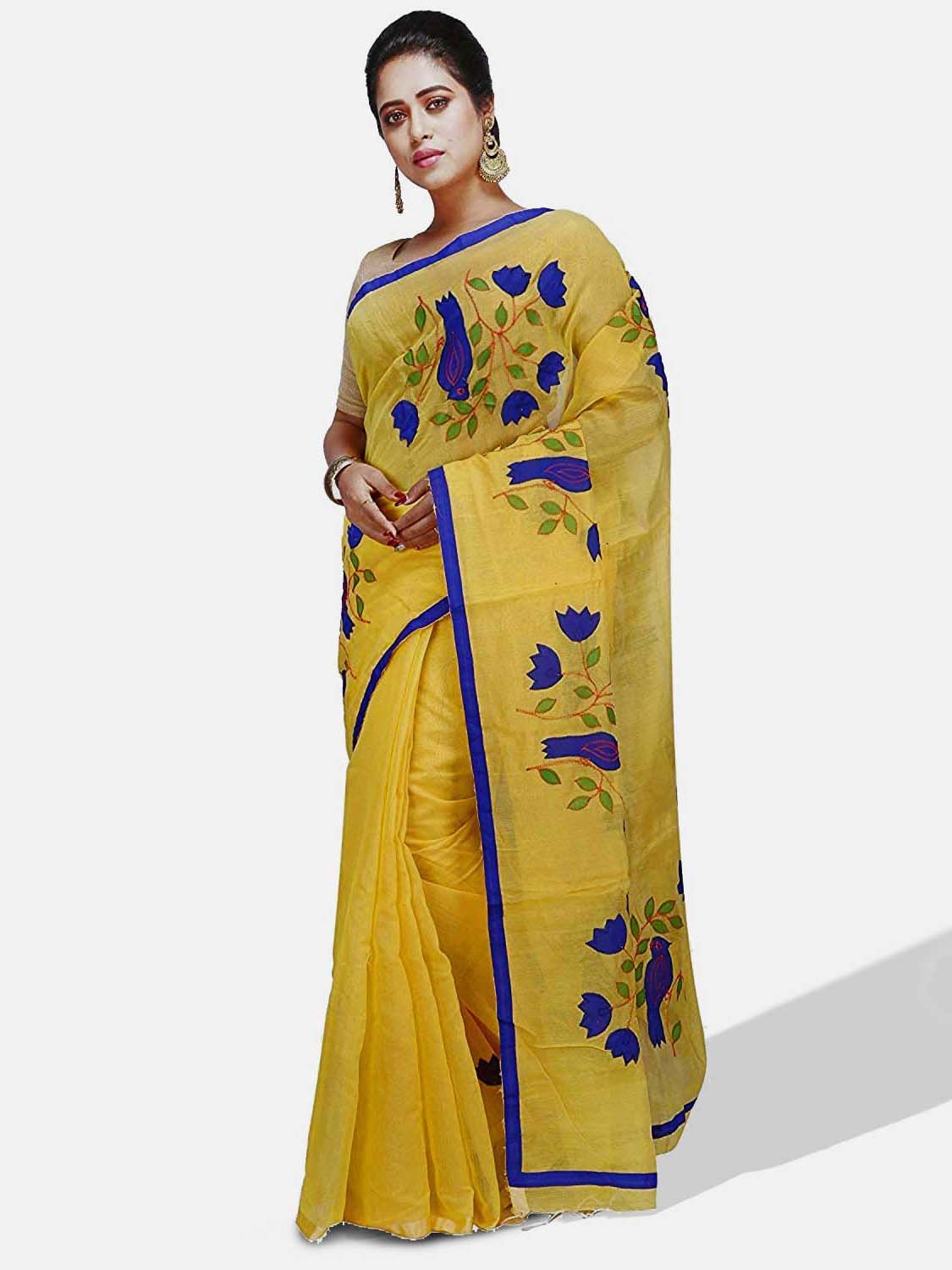 Women`s Bengal Cotton Traditional Bengali Handloom Cotton Silk Tant Saree Bird Design With Blouse Piece (Yellow)